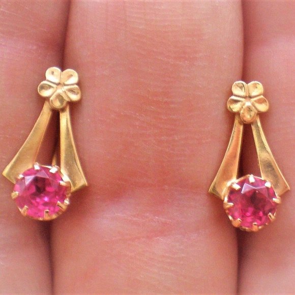 Vintage Russian Russia Soviet USSR Solid 14K 583 Rose Pink Gold Ruby EARRINGS - Picture 3 of 4